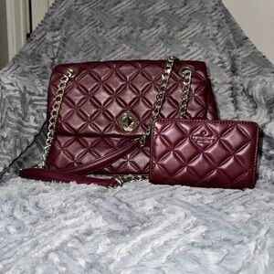 Kate Spade Quilted Shoulder Bag & Wallet - Red / Wine / Maroon